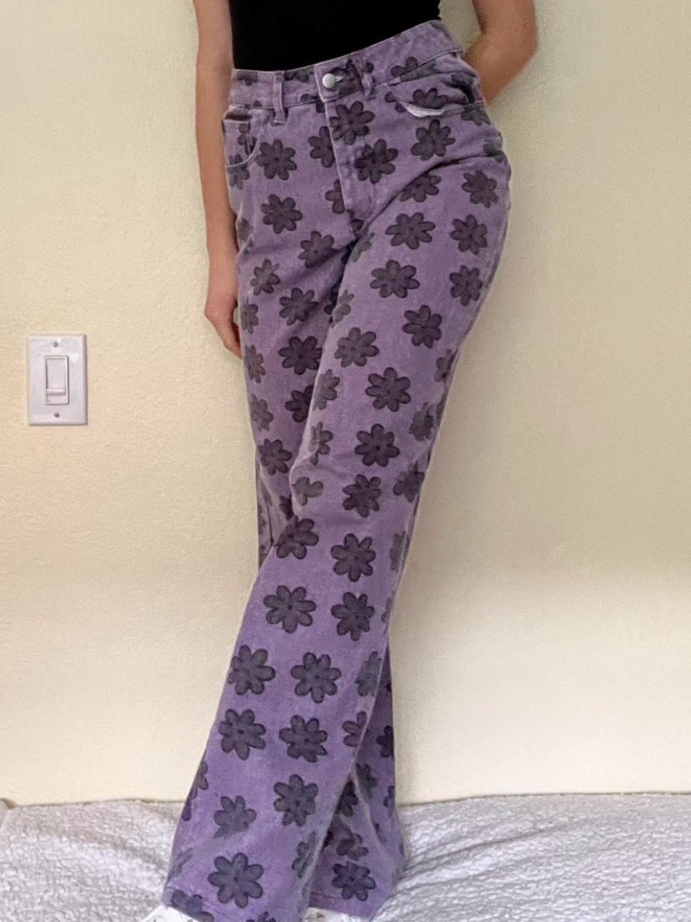 Hesperus Purple Daisy Print High Rise Wide Leg Jeans Size 7 Y2K